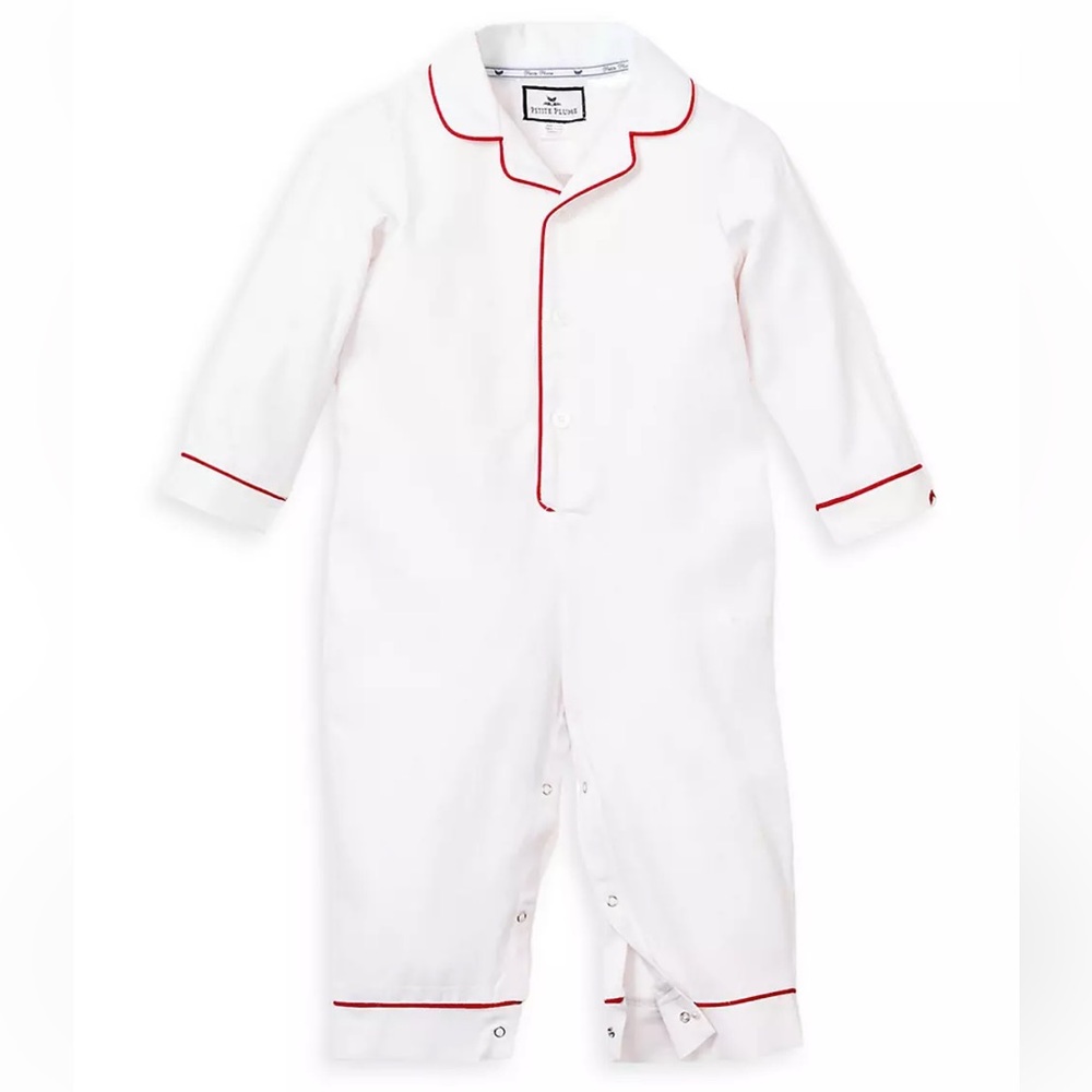 Petite Plume Baby White Festive Romper with Red Piping - Christmas pajamas